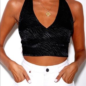 MOTEL ROCKS NAYA CROP TOP IN SATIN ZEBRA BLACK